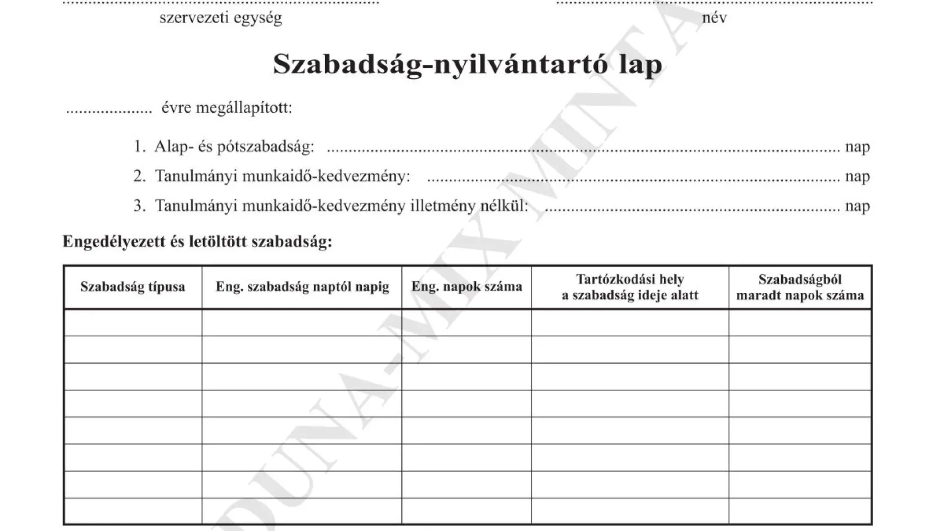 Szabadság nyilvántartó /lap
