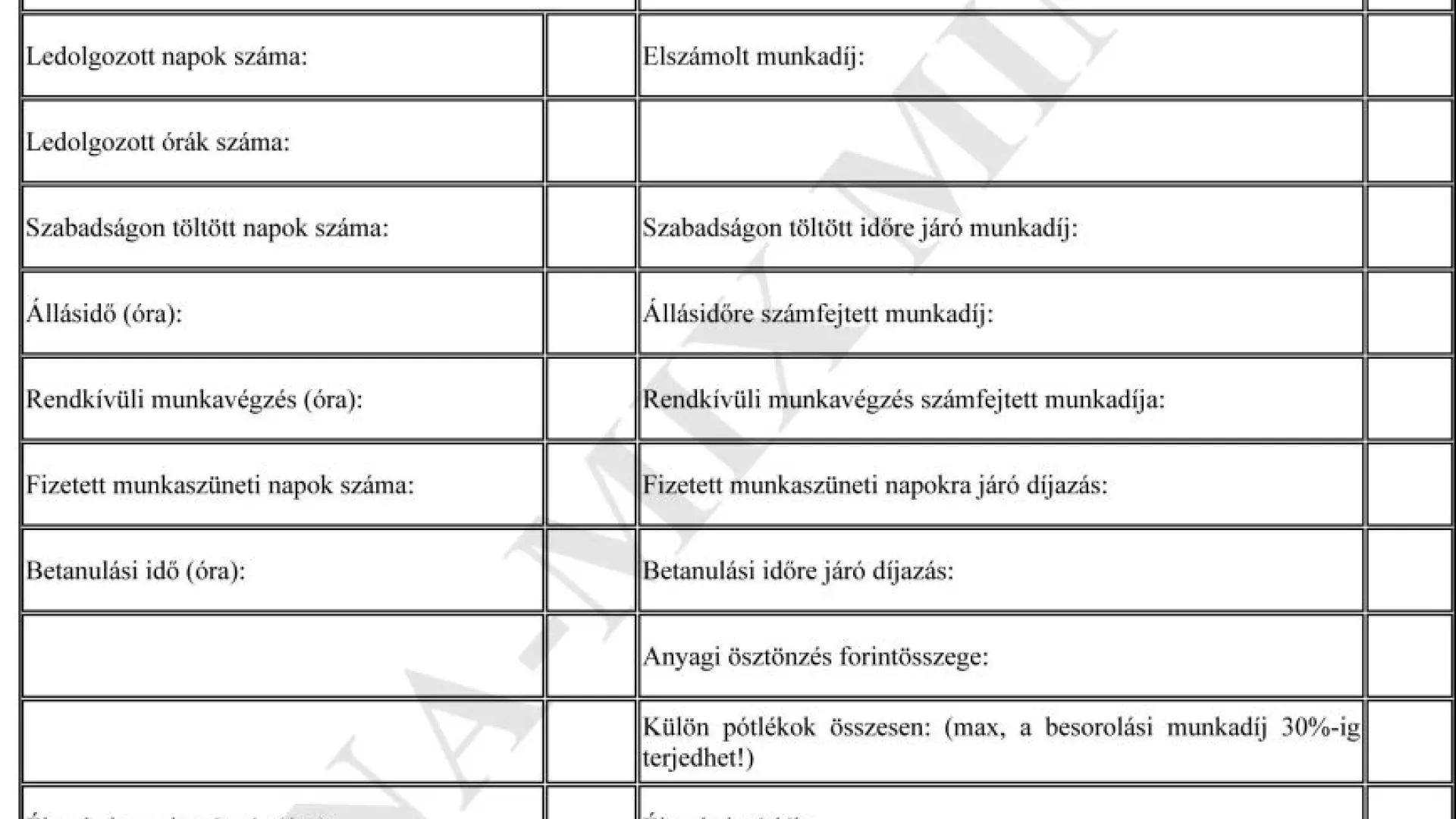 11. sz. függ. Havi munkadíj jegyzék