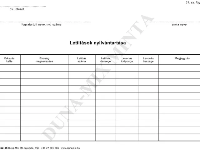 31. sz. függ Letiltások nyilvántartása  (lev/lap karton)