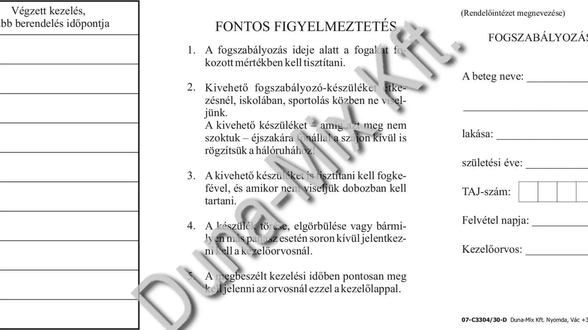 Fogszabályozási kezelőlap